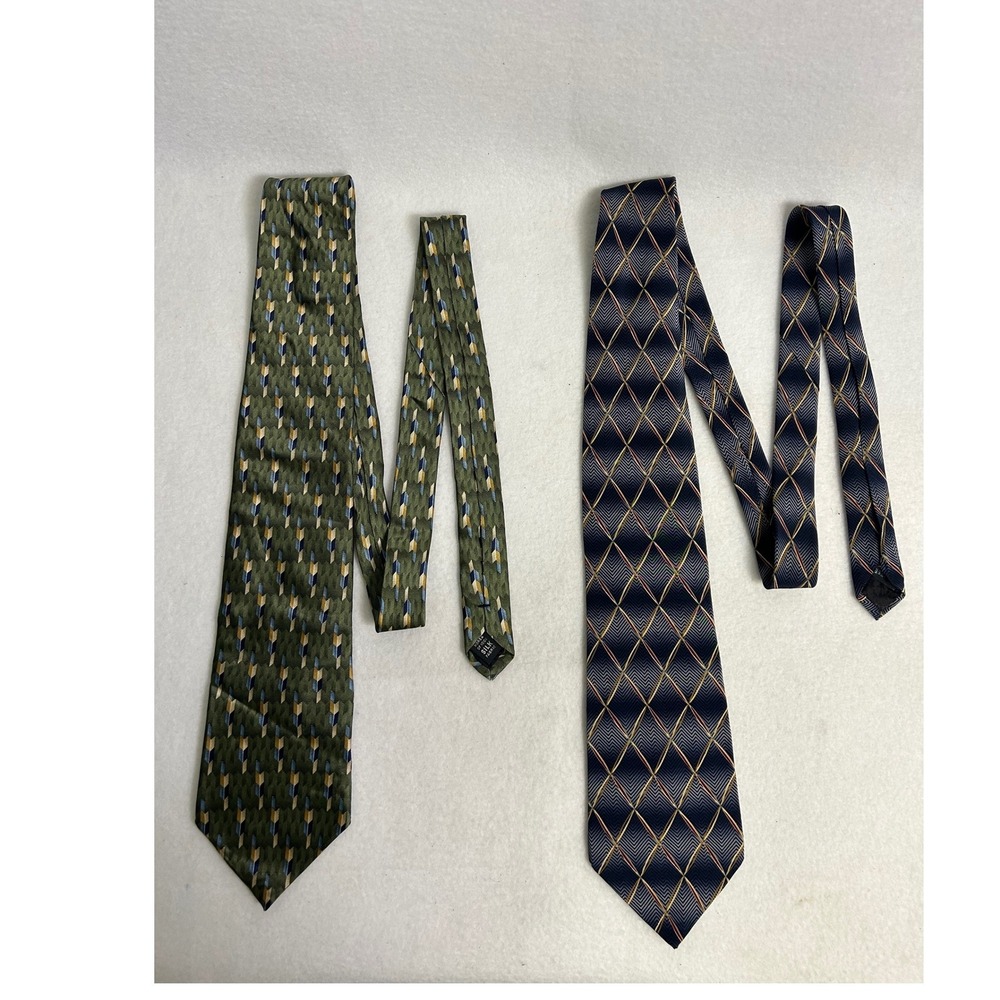 Dark Academia Bill Blass Mens OS Blue Green 2pc Silk Geometric Professional Ties